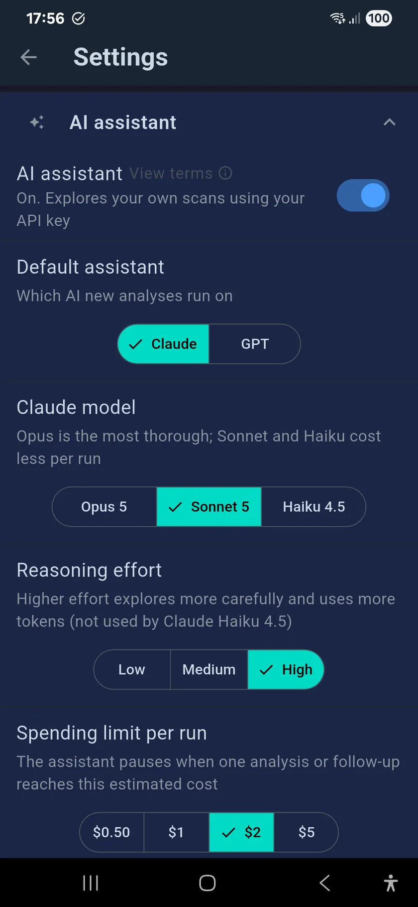 DriveNest Settings, AI assistant section: switch on, default assistant Claude or GPT, Claude model Opus 5, Sonnet 5 or Haiku 4.5, reasoning effort and spending limit per run