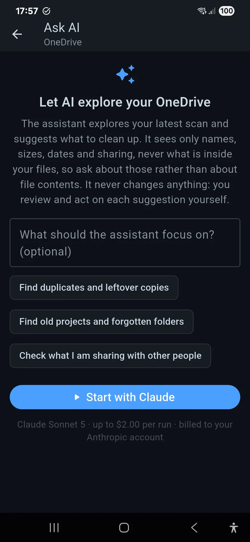 Ask AI start screen for OneDrive: explanation that the assistant sees only names, sizes, dates and sharing, an optional focus field, three starting prompts and a Start with Claude button