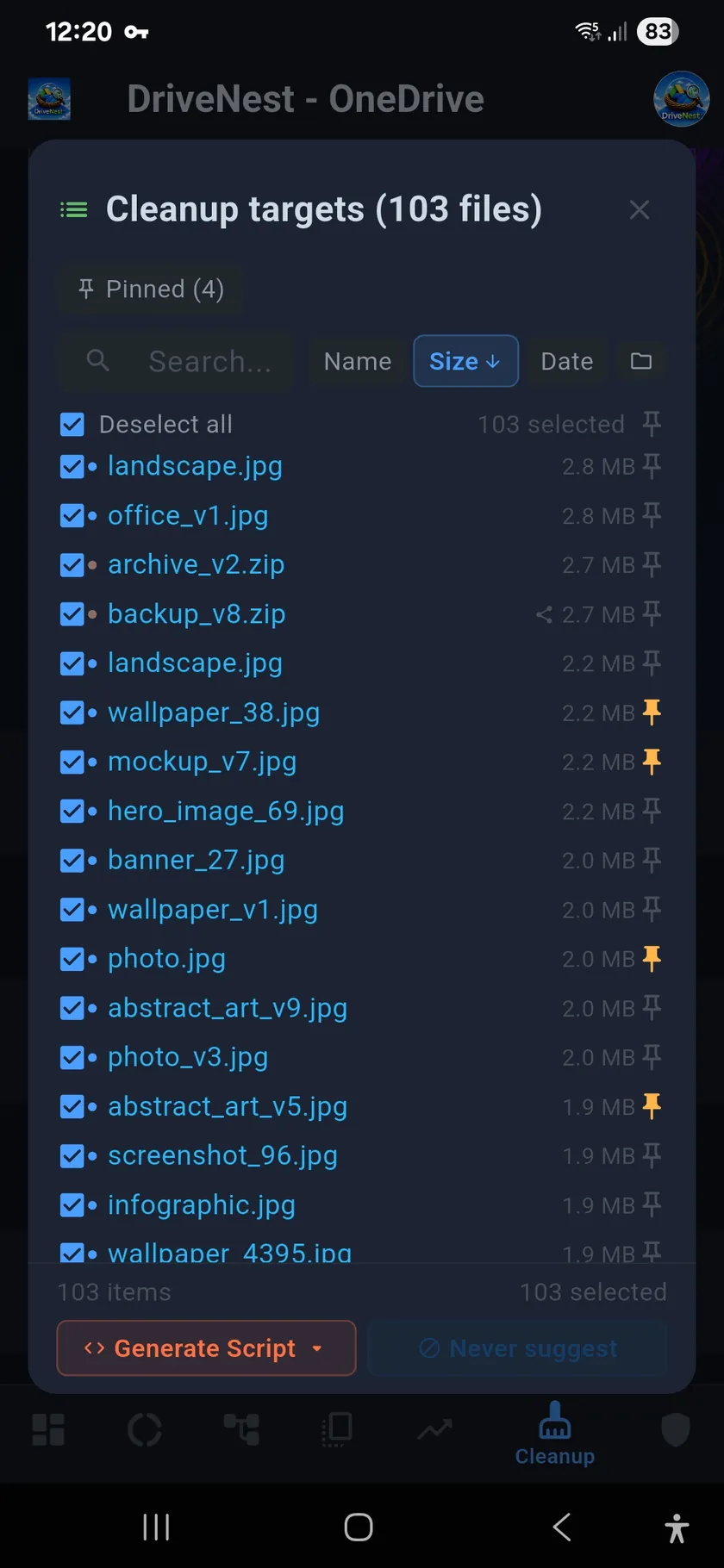 DriveNest cleanup targets list with several files pinned and a Pinned (4) chip at the top