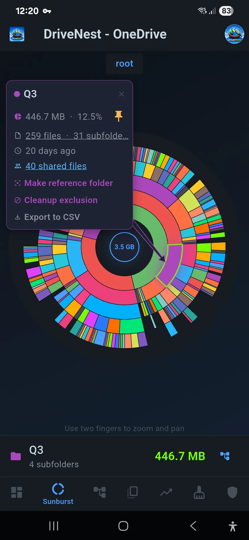 DriveNest sunburst chart with the callout for folder Q3 open and its pin highlighted