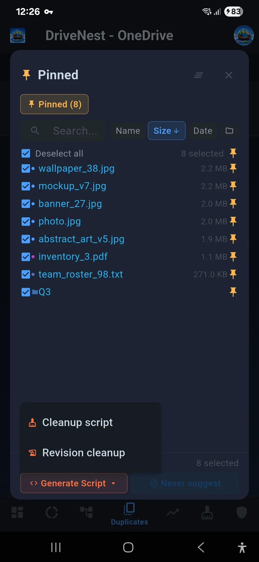 DriveNest Pinned list mixing files from several screens and the Q3 folder, with the Generate Script menu open