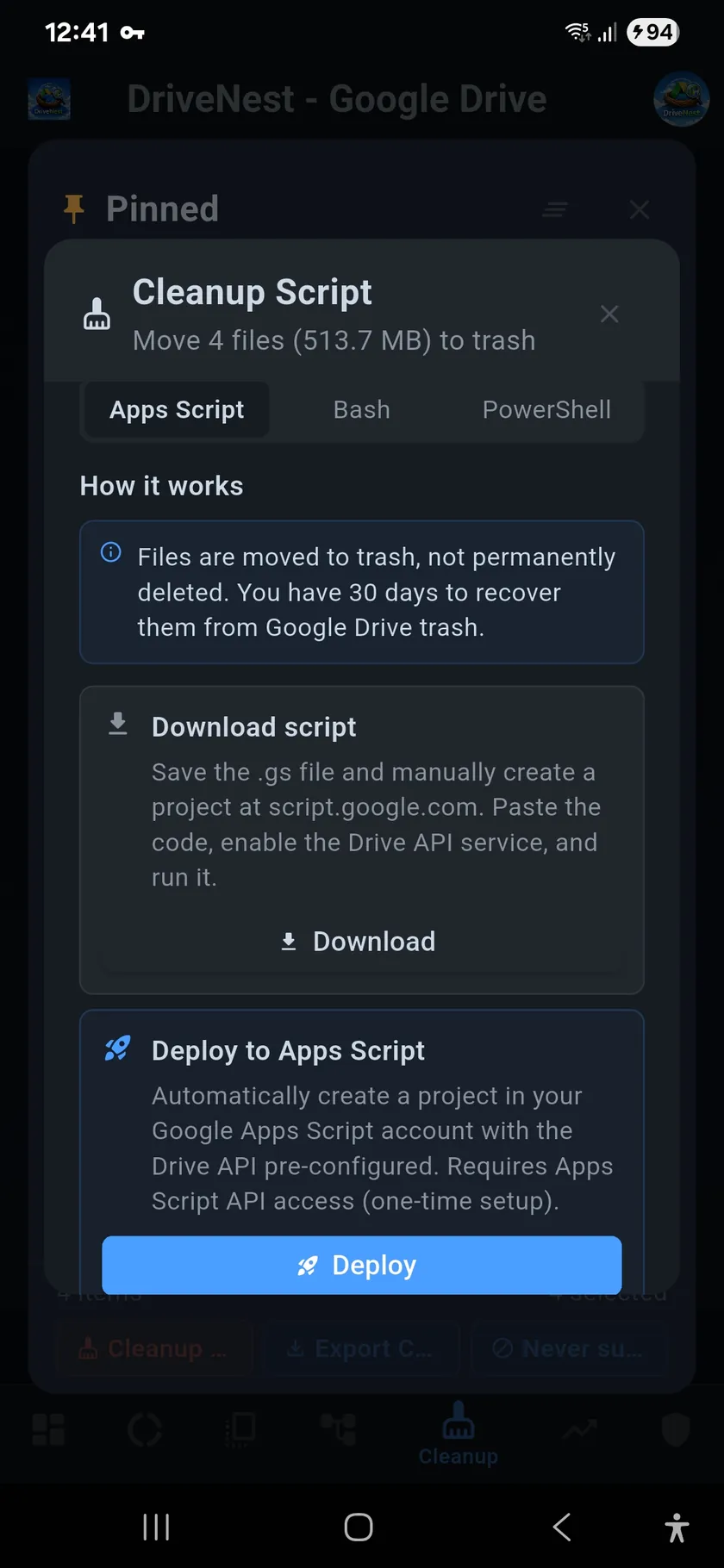 Google Drive Cleanup Script dialog offering Apps Script, Bash and PowerShell with Download and Deploy options