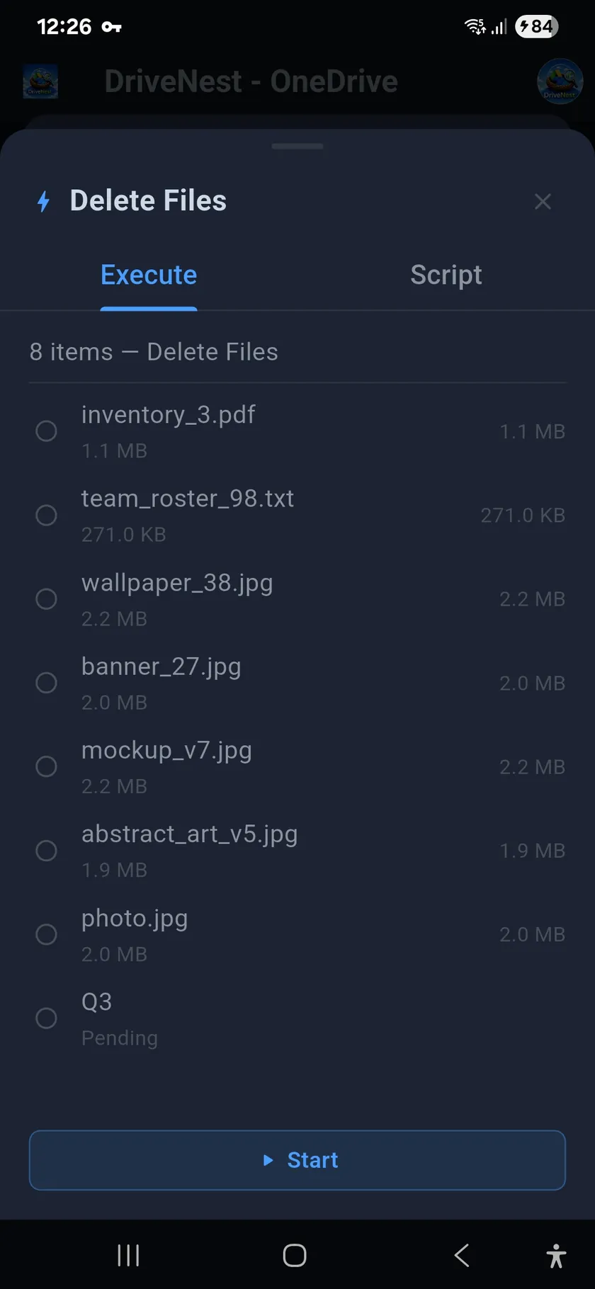 OneDrive Delete Files sheet listing the eight pinned items on the Execute tab