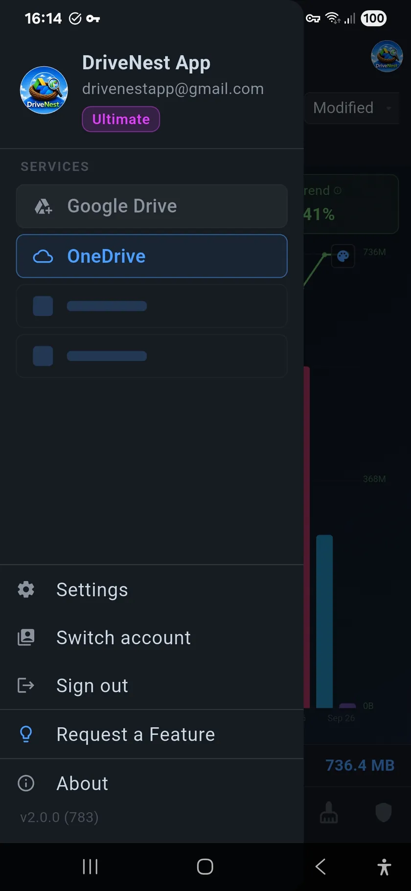 DriveNest drawer listing Google Drive and OneDrive as connected services — dark theme