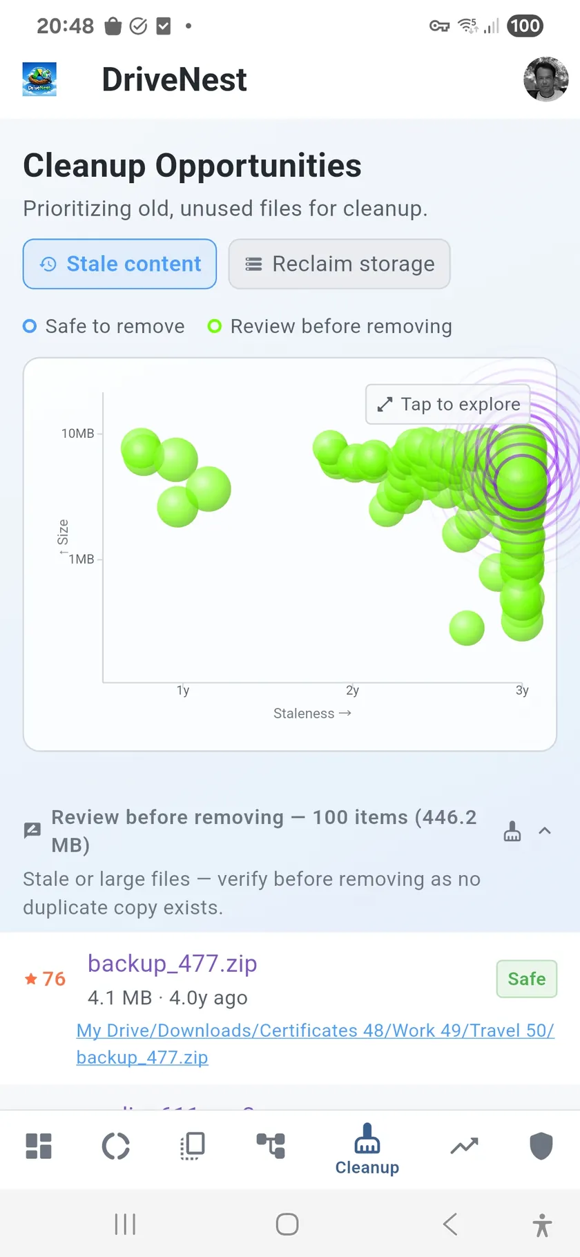 Bubble chart of cloud storage cleanup candidates by size, staleness and duplicate risk (light theme)