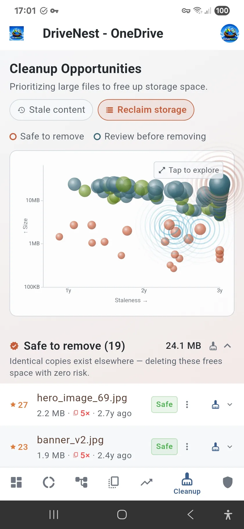 Reclaim Storage mode listing the largest removable files in a cloud drive (light theme)