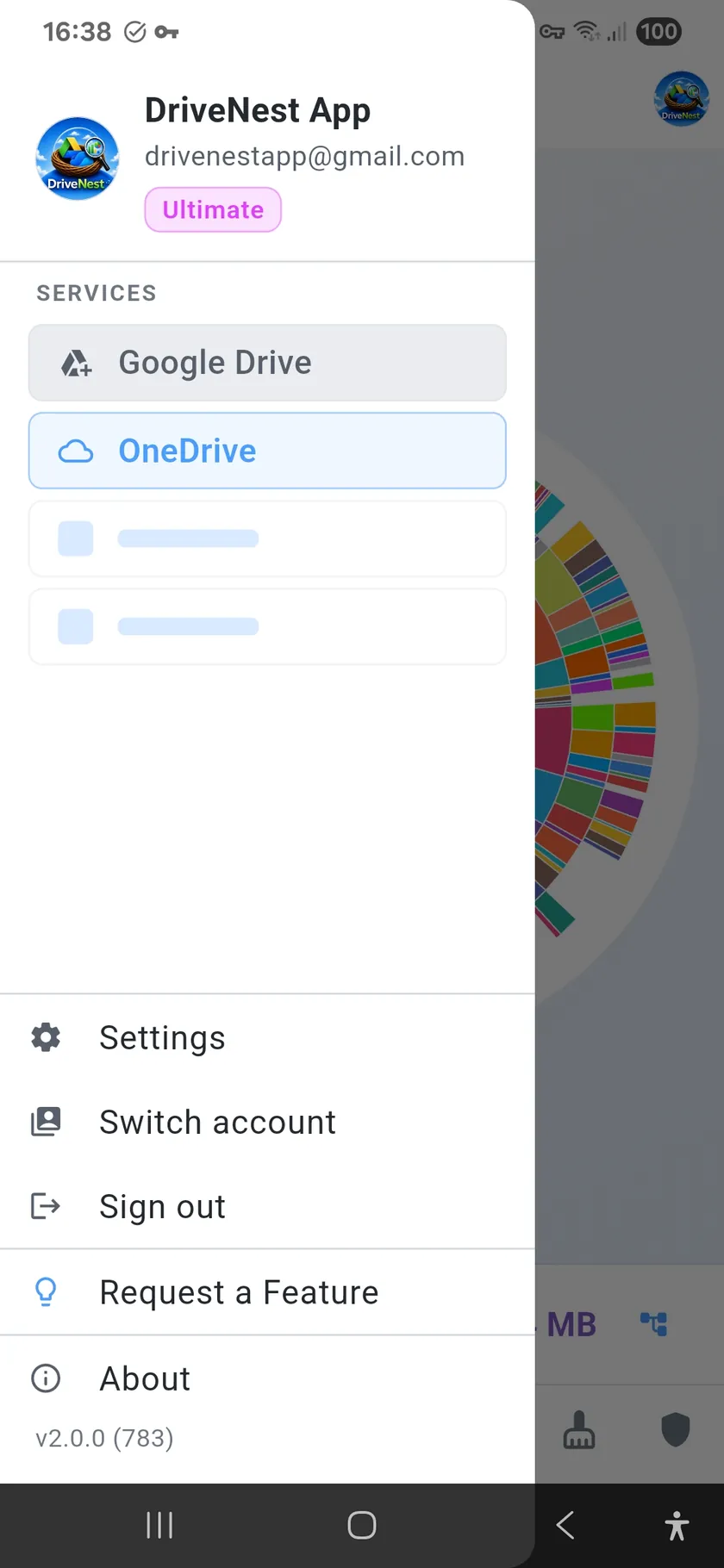 DriveNest drawer listing Google Drive and OneDrive as connected services — light theme
